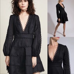 NEW Zimmermann Black V Neck Long Sleeve Mini Dress Size 0